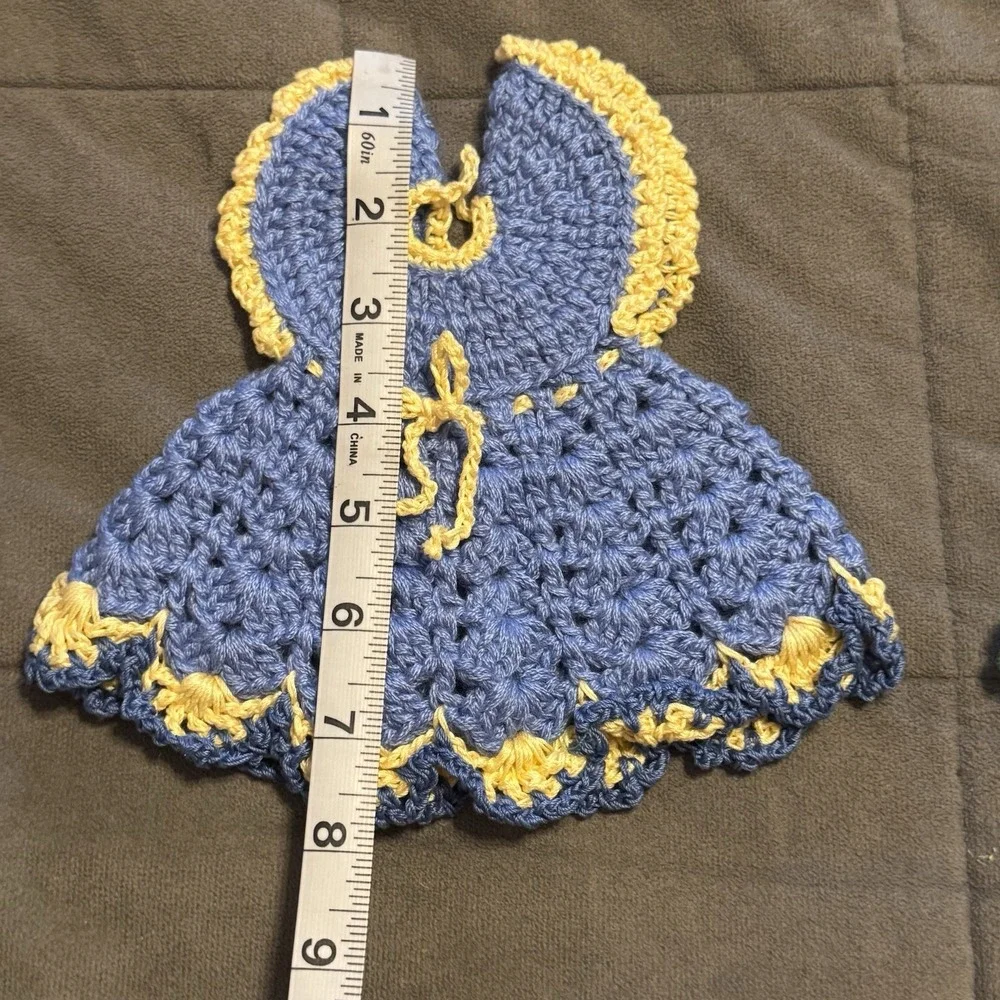Vintage Crochet Dress Potholder Hot Pad Kitchen Wall Hanging Set